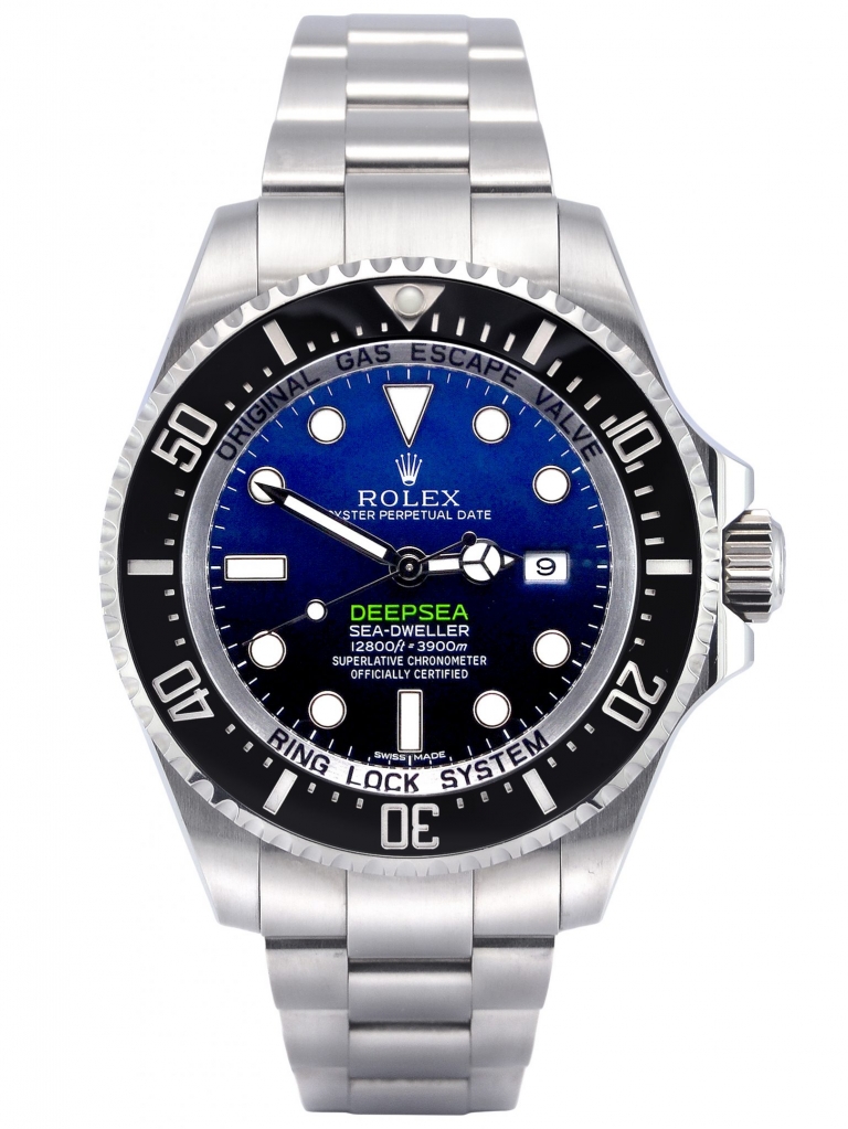 Front view image of a stainless steel Rolex Sea-Dweller Deepsea 116660 with the unique D-Blue dial commemorating James Cameron's famous deep dive