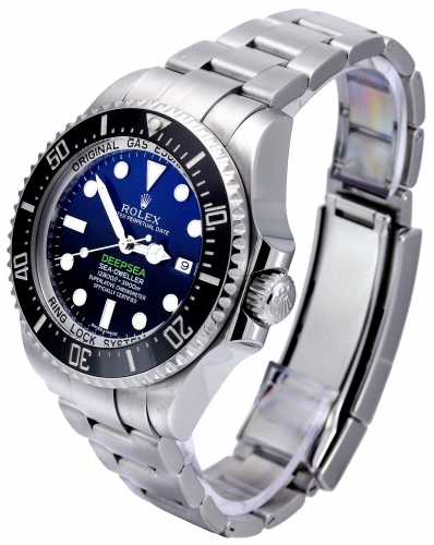 Side view image of a stainless steel Rolex Sea-Dweller Deepsea 116660 with the unique D-Blue dial commemorating James Cameron's famous deep dive