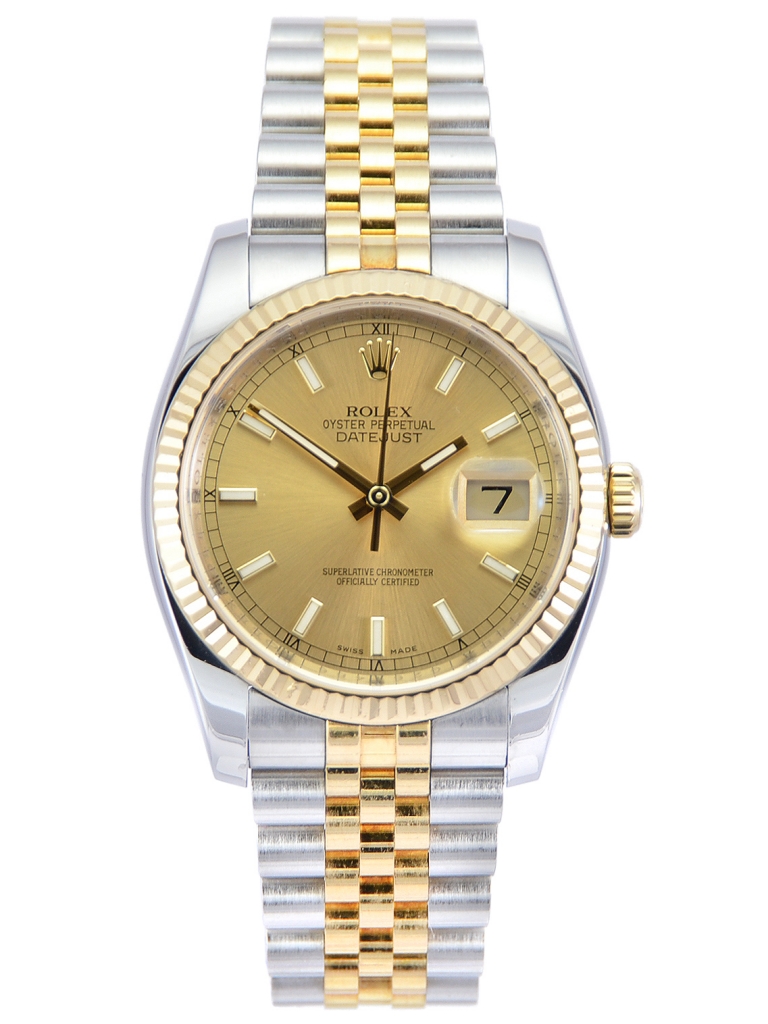 Front view image of a champagne dial bimetal Rolex Datejust 116233