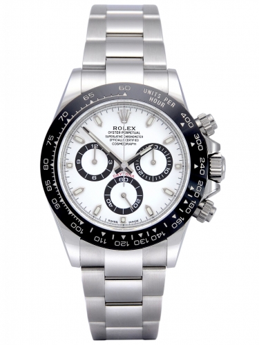 Front view image of a black ceramic bezel Rolex Daytona 116500LN "Panda" with a white dial containing black-outlined subdials