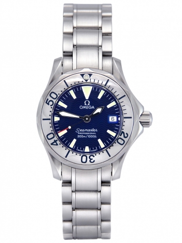 Front view of a pre-owned ladies' Omega Seamaster 2285.80.00 in stainless steel with a wave blue dial