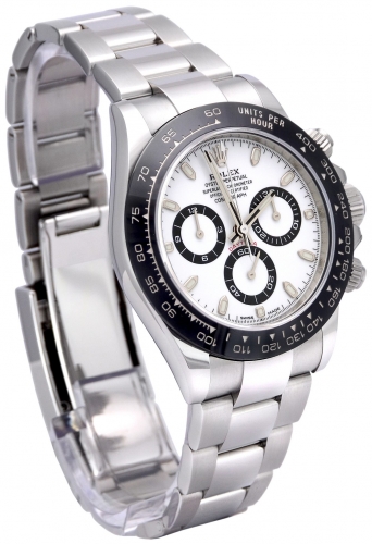 Side view image of a black ceramic bezel Rolex Daytona 116500LN "Panda" with a white dial containing black-outlined subdials
