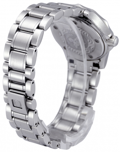 Bracelet clasp view of a pre-owned ladies' Omega Seamaster 2285.80.00 in stainless steel with a wave blue dial