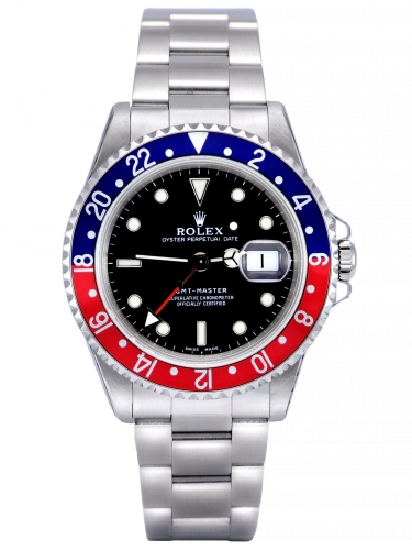 Front view image of a vintage stainless steel Rolex GMT-Master 16700 with a Pepsi bezel