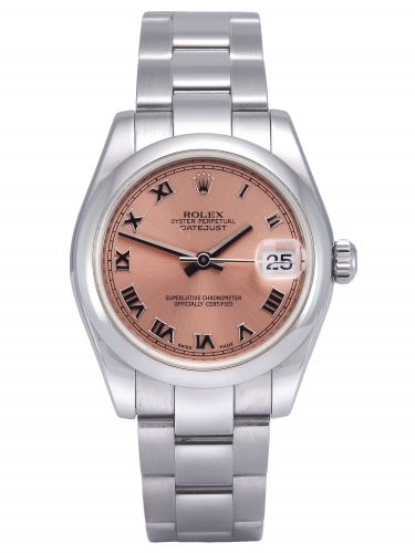 Front view image of a stainless steel Rolex Lady-Datejust 178240 with a pink dial and smooth bezel
