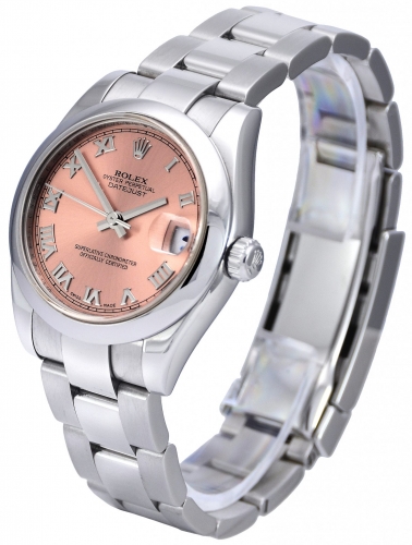 Side view image of a stainless steel Rolex Lady-Datejust 178240 with a pink dial and smooth bezel