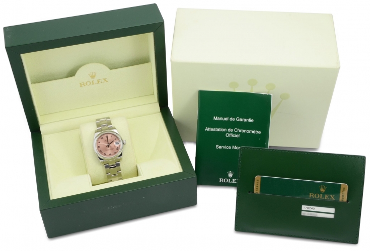 Image showing box and papers of a stainless steel Rolex Lady-Datejust 178240 with a pink dial and smooth bezel