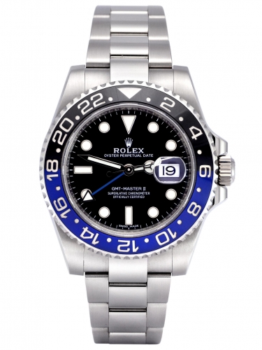 Front view image of a stainless steel Rolex GMT-Master II 116710BLNR with the blue and black "Batman" bezel