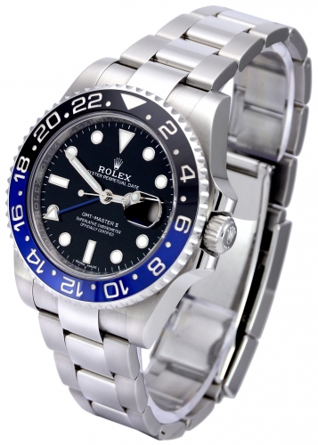 Side view image of a stainless steel Rolex GMT-Master II 116710BLNR with the blue and black "Batman" bezel