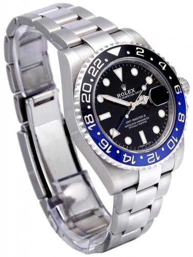Side view image of a stainless steel Rolex GMT-Master II 116710BLNR with the blue and black "Batman" bezel