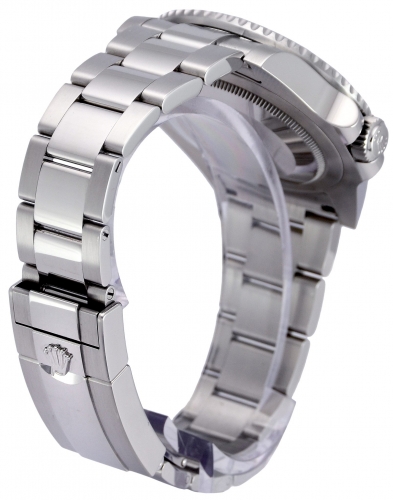 Bracelet clasp view image of a stainless steel Rolex GMT-Master II 116710BLNR with the blue and black "Batman" bezel