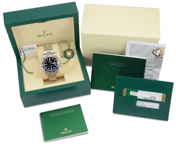 Box & papers view image of a stainless steel Rolex GMT-Master II 116710BLNR with the blue and black "Batman" bezel