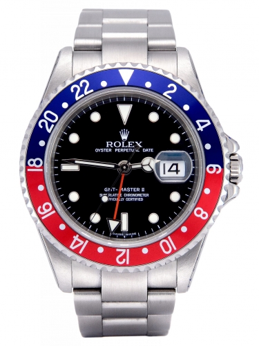 Front view image of a stainless steel Rolex GMT-Master II 16710 Pepsi which has been recently returned from Rolex service
