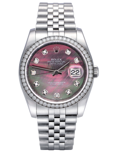 Front view image of a used Rolex Datejust 116244 with a black mother of pearl diamond dot dial and presented on a Jubilee bracelet