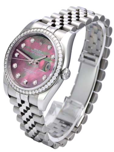 Side view image of a used Rolex Datejust 116244 with a black mother of pearl diamond dot dial and presented on a Jubilee bracelet