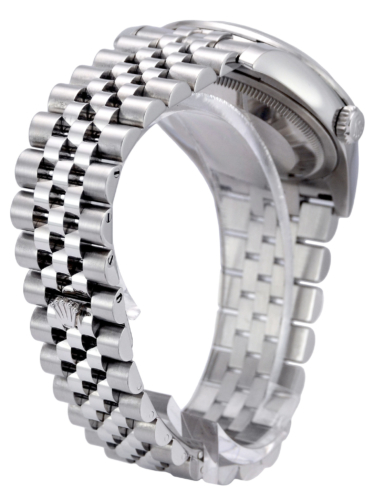 Bracelet clasp view image of a used Rolex Datejust 116244 with a black mother of pearl diamond dot dial and presented on a Jubilee bracelet