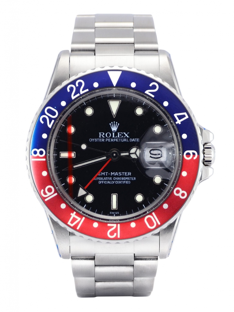 Front view image of a beautifully aged vintage Rolex GMT-Master 16750 Pepsi