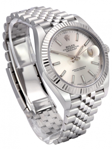 Side view of a stainless steel Rolex Datejust II 116344