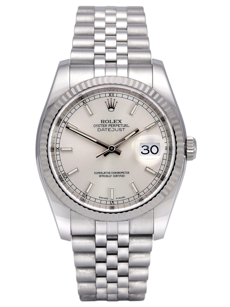 Front view of a stainless steel Rolex Datejust 116234