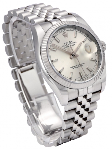 Side view of a stainless steel Rolex Datejust 116234