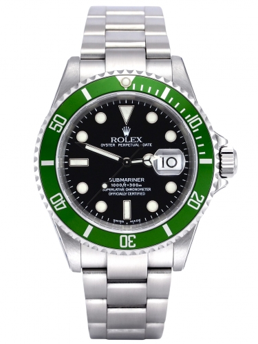 Front view of Rolex Submariner Date 16610LV featuring a very hard to find B1 "serif" bezel insert