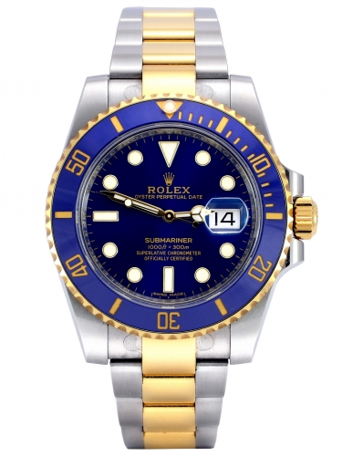 Front view of bimetal Rolex Submariner Date 116613LB with a blue ceramic bezel insert and blue dial