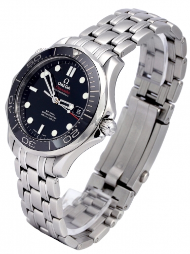 Side view of Omega Seamaster Professional 300m 212.30.41.20.01.003 with a black baton dial