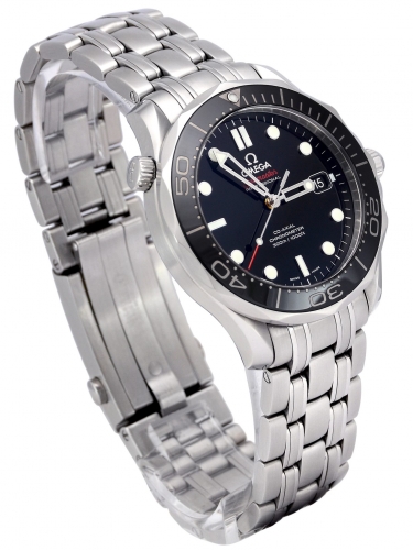 Side view of Omega Seamaster Professional 300m 212.30.41.20.01.003 with a black baton dial
