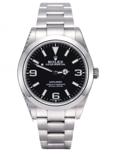 Front view of a stainless steel Rolex Explorer I 214270 with a black MK2 dial and stainless steel domed bezel