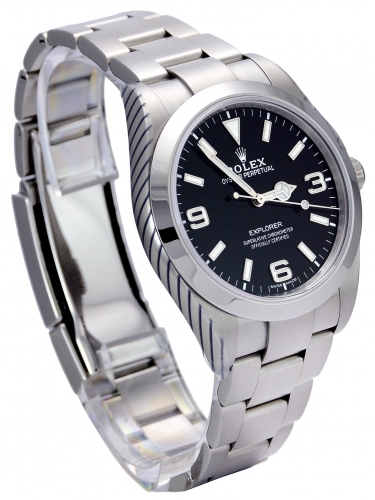 Side view of a stainless steel Rolex Explorer I 214270 with a black MK2 dial and stainless steel domed bezel