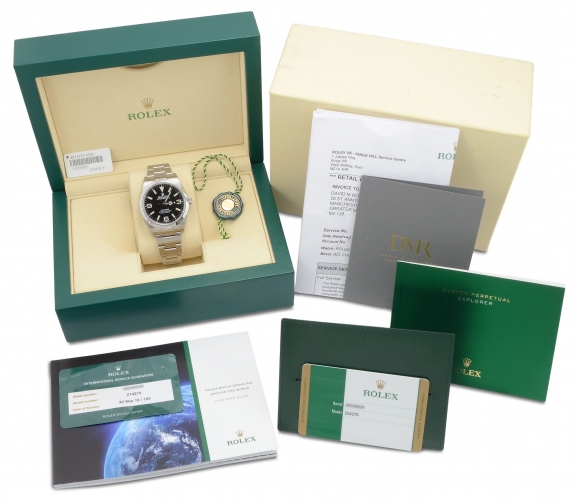 Box, documentation and accessories included with a stainless steel Rolex Explorer I 214270 with a black MK2 dial and stainless steel domed bezel