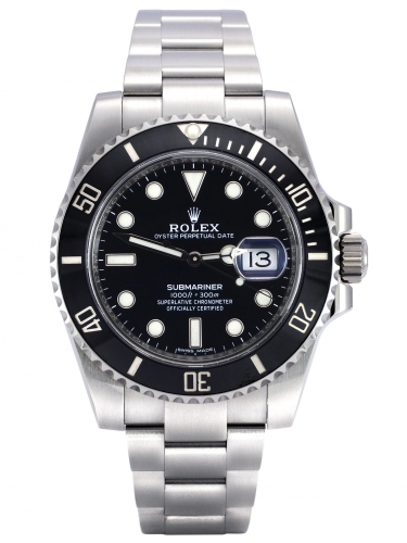 Front view of Rolex Submariner Date 116610LN in stainless steel with a black dial and black ceramic bezel