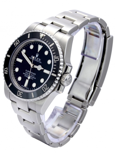 Front view of Rolex Submariner No Date 114060 in stainless steel with a black dial and black ceramic bezel