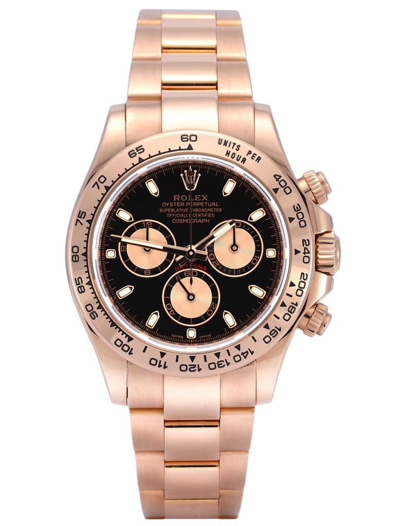 Front view of rose gold Rolex Daytona 116505 with a black dial and everose gold subdials