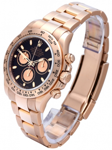 Side view of rose gold Rolex Daytona 116505 with a black dial and everose gold subdials