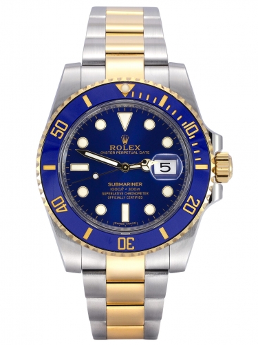 Front view of a 2019 bimetal Rolex Submariner Date 116613LB in stainless steel & yellow gold with a blue bezel insert and blue dial