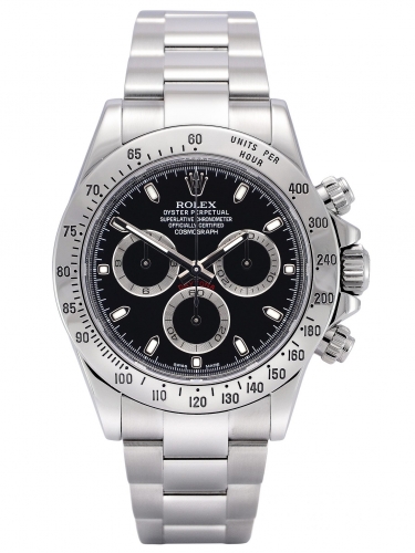 Front view of a stainless steel Rolex Daytona 116520 with the rare black APH dial