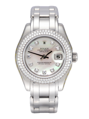 Front view of a white gold 29mm Rolex Pearlmaster 80339, with a diamond set bezel and a white mother of pearl diamond dot dial