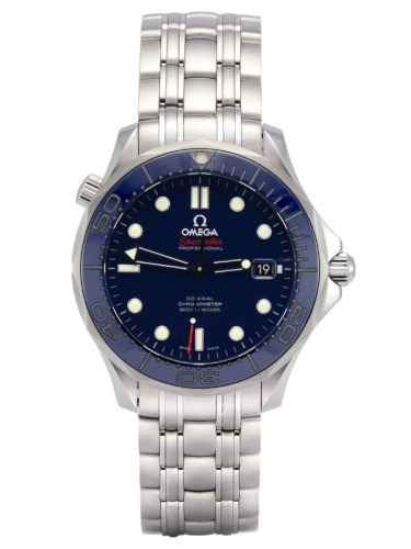 Front view of Omega Seamaster 212.30.41.20.03.001 300M diver's watch, with a navy blue dial and ceramic bezel
