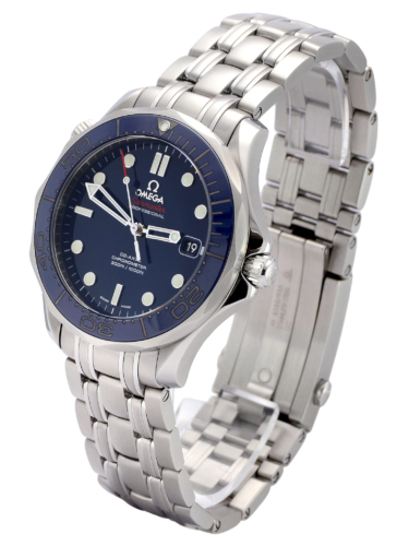 Side view of Omega Seamaster 212.30.41.20.03.001 300M diver's watch, with a navy blue dial and ceramic bezel