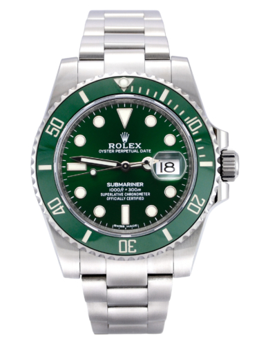 Front view image of a stainless steel Rolex Submariner Date 116610LV "Hulk" with a green sunburst effect dial and green bezel