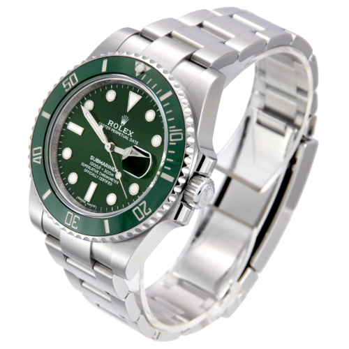 Side view image of a stainless steel Rolex Submariner Date 116610LV "Hulk" with a green sunburst effect dial and green bezel