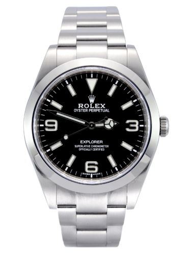 Front view image of a stainless steel 39mm Rolex Explorer I 214270 with a stainless steel Rolex Oyster bracelet and a mark 2 dial with luminous numerals
