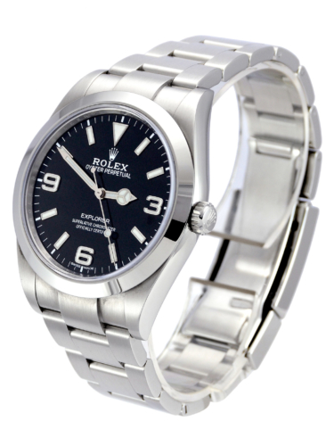 Side view image of a stainless steel 39mm Rolex Explorer I 214270 with a stainless steel Rolex Oyster bracelet and a mark 2 dial with luminous numerals