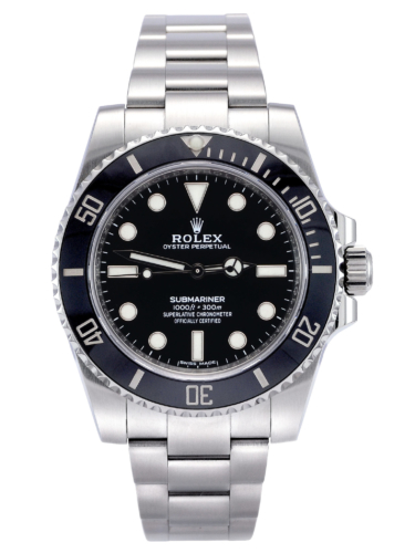 Front view image of a previously owned stainless steel Rolex Submariner No Date 114060 with a black dial and black ceramic bezel
