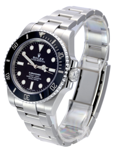 Side view image of a previously owned stainless steel Rolex Submariner No Date 114060 with a black dial and black ceramic bezel
