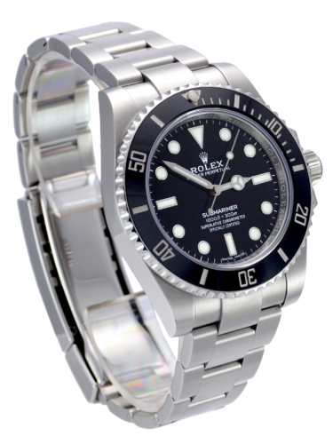 Side view image of a previously owned stainless steel Rolex Submariner No Date 114060 with a black dial and black ceramic bezel