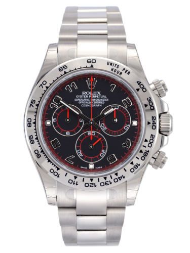 Front view image of a white gold 40mm Rolex Daytona 116509 featuring the desirable black & red racing dial