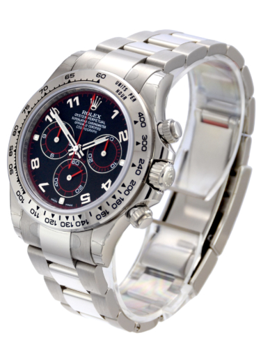 Side view image of a white gold 40mm Rolex Daytona 116509 featuring the desirable black & red racing dial