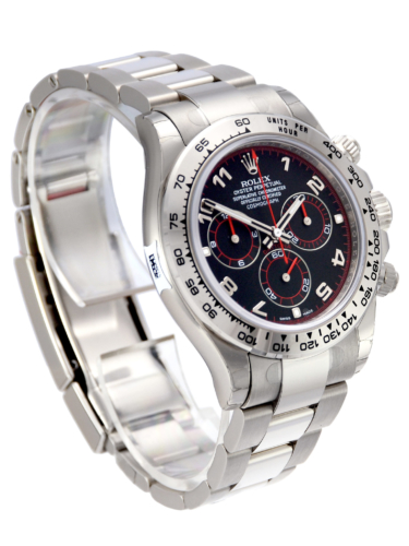 Side view image of a white gold 40mm Rolex Daytona 116509 featuring the desirable black & red racing dial